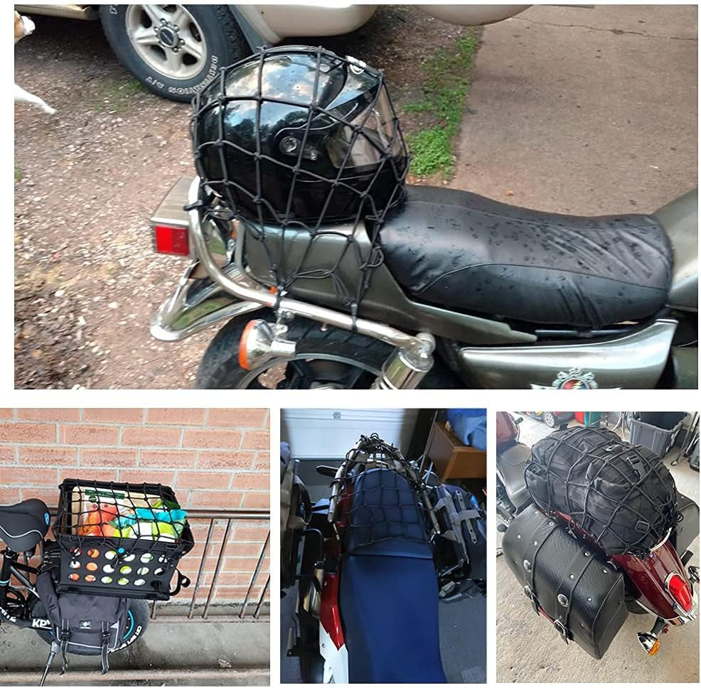 Black 15"x15" Motorcycle Cargo Net with 6 Adjustable Hooks - Expands to 30"x30" for Secure Helmet and Gear Storage