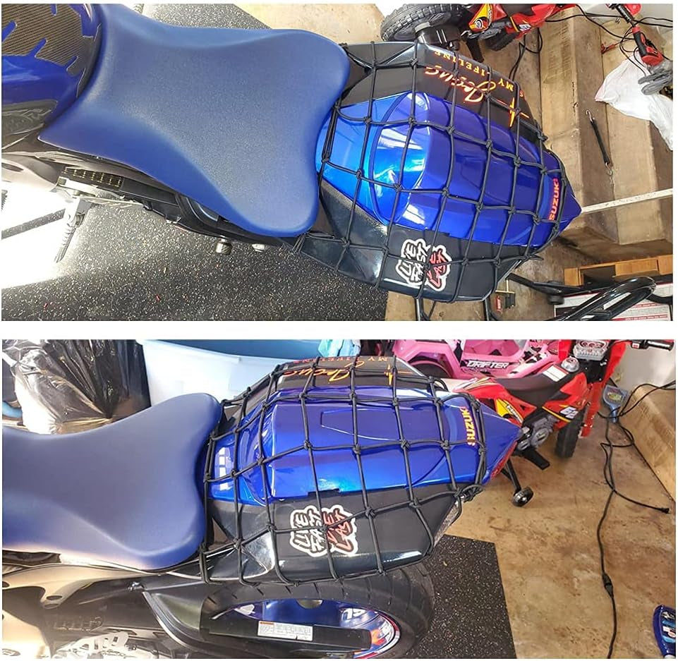 Black 15"x15" Motorcycle Cargo Net with 6 Adjustable Hooks - Expands to 30"x30" for Secure Helmet and Gear Storage