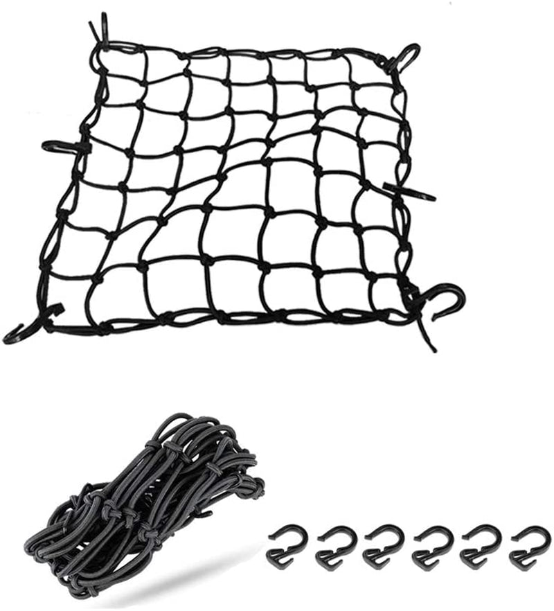 Black 15"x15" Motorcycle Cargo Net with 6 Adjustable Hooks - Expands to 30"x30" for Secure Helmet and Gear Storage