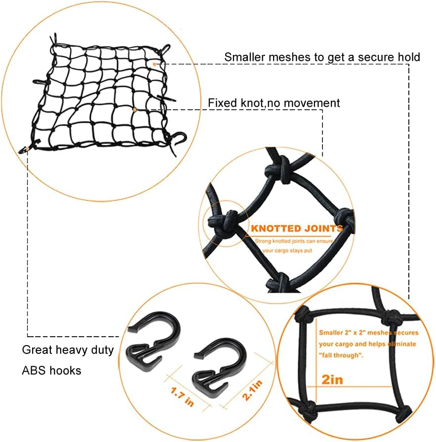 Black 15"x15" Motorcycle Cargo Net with 6 Adjustable Hooks - Expands to 30"x30" for Secure Helmet and Gear Storage