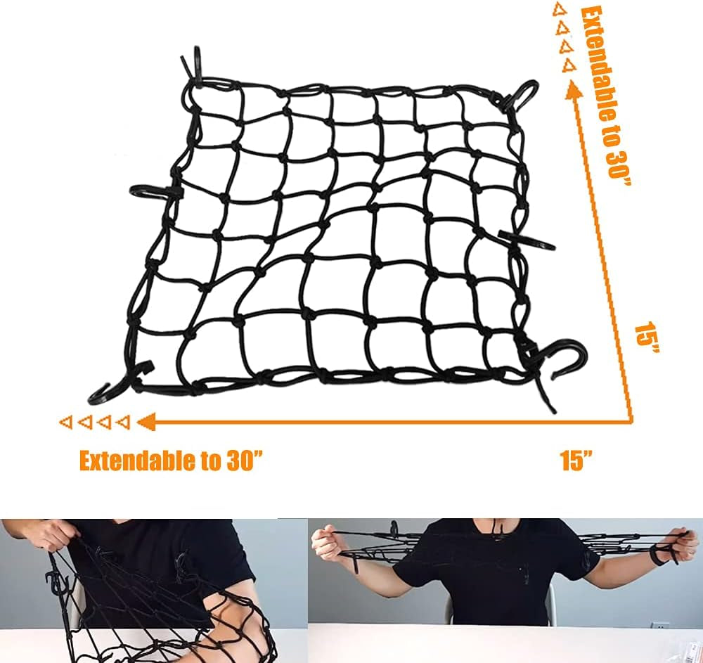 Black 15"x15" Motorcycle Cargo Net with 6 Adjustable Hooks - Expands to 30"x30" for Secure Helmet and Gear Storage